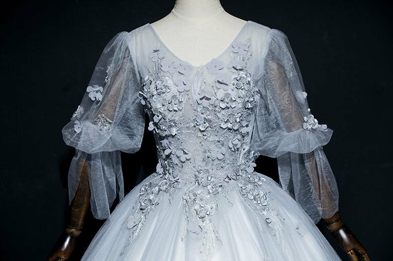 Lovely Grey Tulle Puffy Sleeves with Lace Long Formal Dresses, Sweet 16 Dress